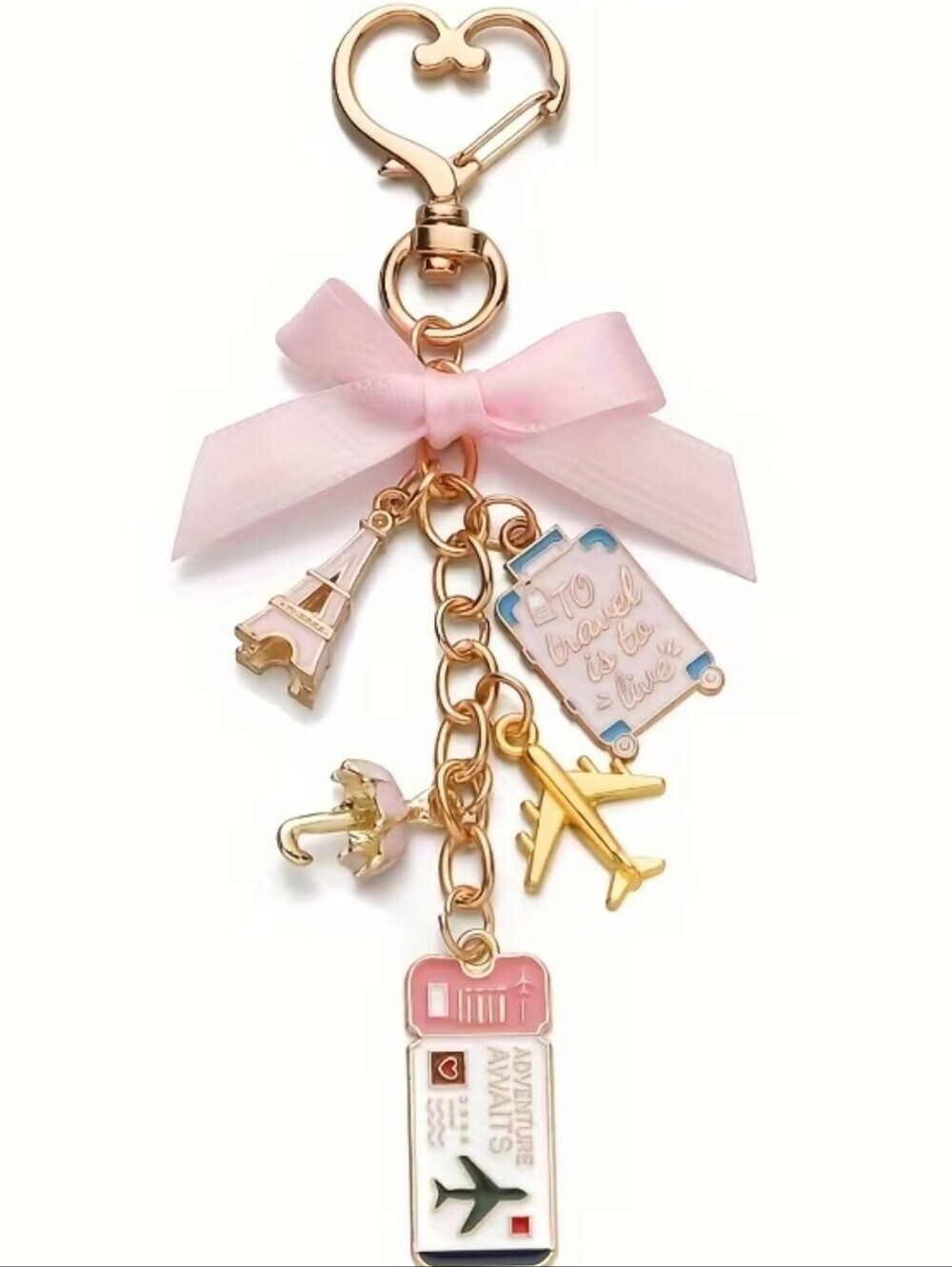 Coquette Travel Keychain Pink Bow Airplane Eiffel Tower Charm Bag Charm - Picture 7 of 7
